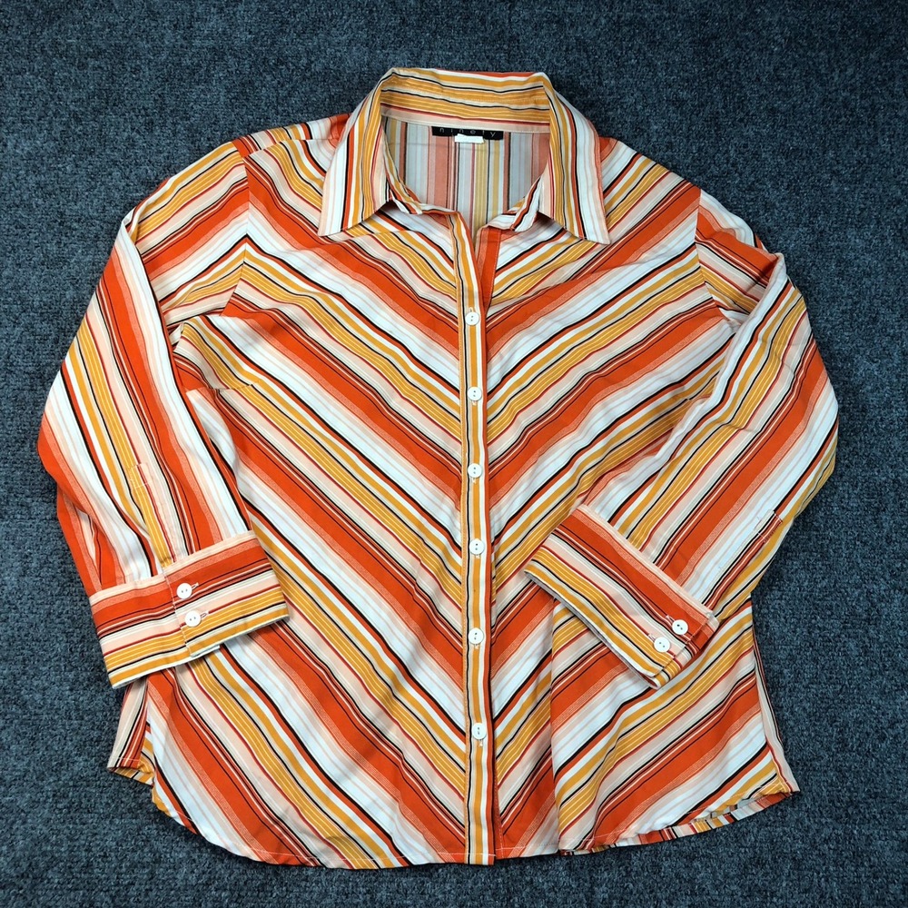 Ninety Striped Button Up Shirt Womens Size Large Orange Yellow White Long Sleeve